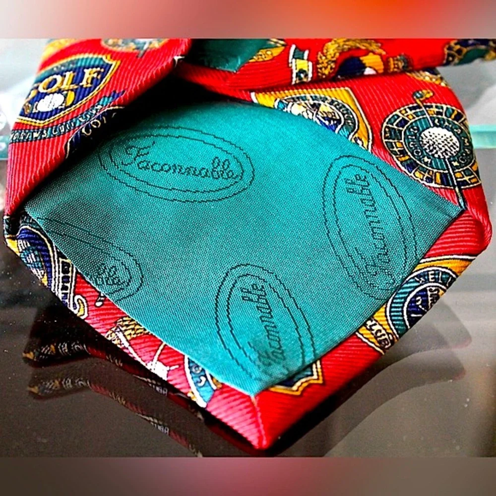 FACCONABLE MENS TIE RED 100% SILK MADE IN FRANCE GOLF GOLD GREEN VINTAGE